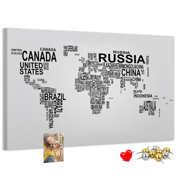 Tablero de anuncios mapa del mundo con nombres de países