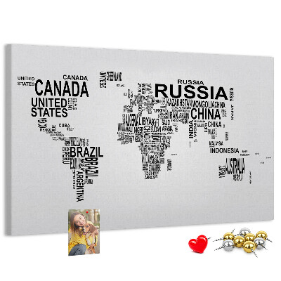 Tablero de anuncios mapa del mundo con nombres de países