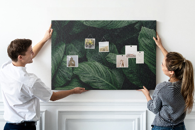 Tablero de anuncios con diseño de hojas verdes en un denso entramado