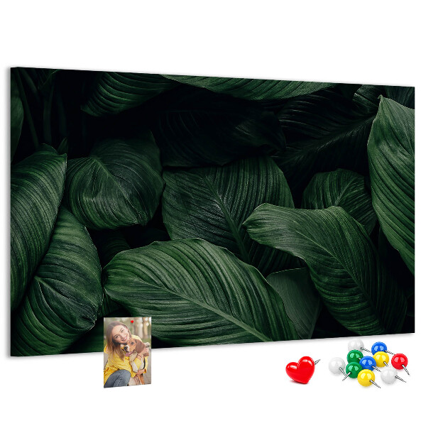 Tablero de anuncios con diseño de hojas verdes en un denso entramado
