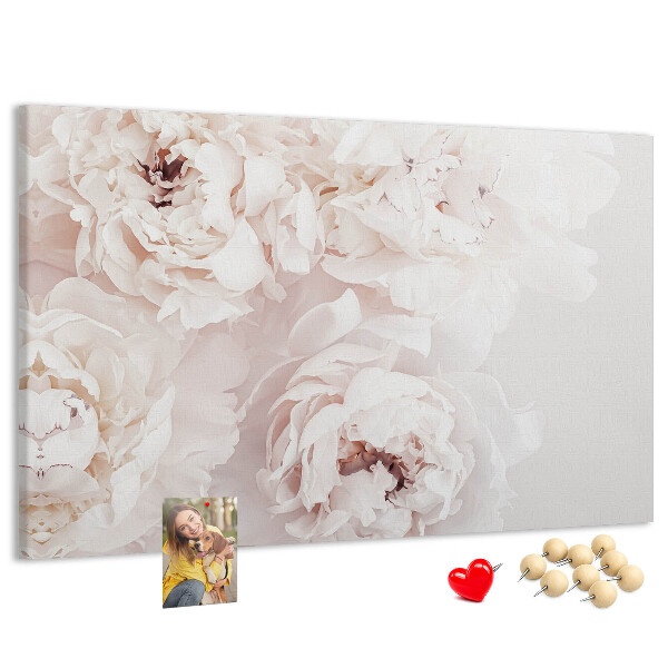 Tablero de corcho decorado con diseño de delicadas peonías blancas sobre fondo claro