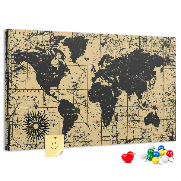 Pizarra de corcho mapamundi del mundo antiguo en colores negro y oro