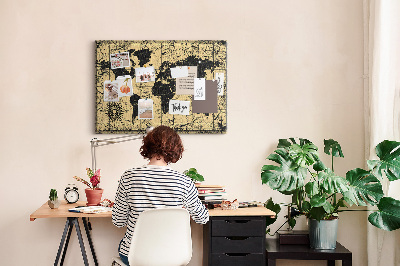 Pizarra de corcho mapamundi del mundo antiguo en colores negro y oro