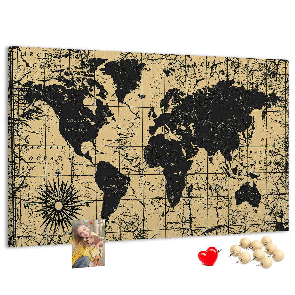 Pizarra de corcho mapamundi del mundo antiguo en colores negro y oro