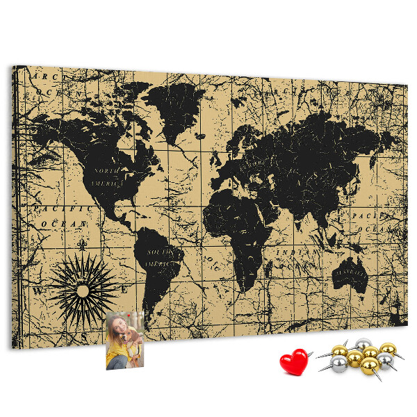 Pizarra de corcho mapamundi del mundo antiguo en colores negro y oro