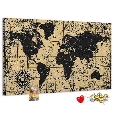 Pizarra de corcho mapamundi del mundo antiguo en colores negro y oro