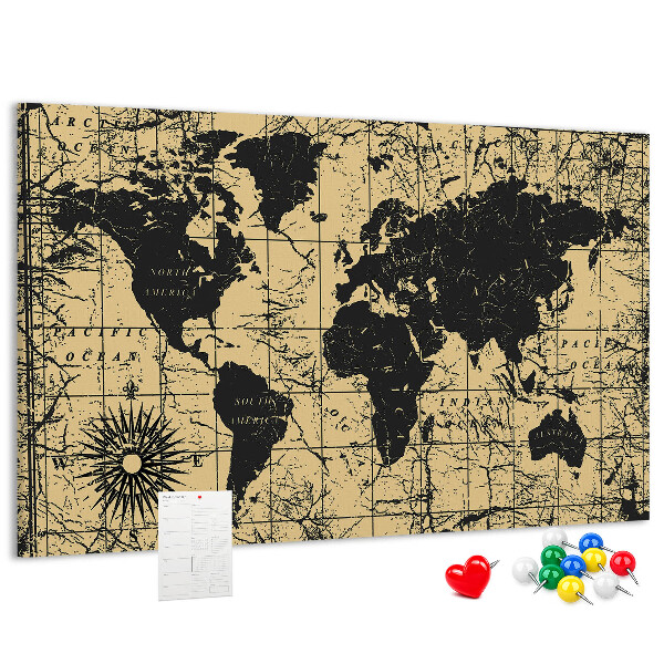 Pizarra de corcho mapamundi del mundo antiguo en colores negro y oro