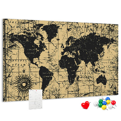 Pizarra de corcho mapamundi del mundo antiguo en colores negro y oro