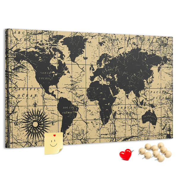 Pizarra de corcho mapamundi del mundo antiguo en colores negro y oro