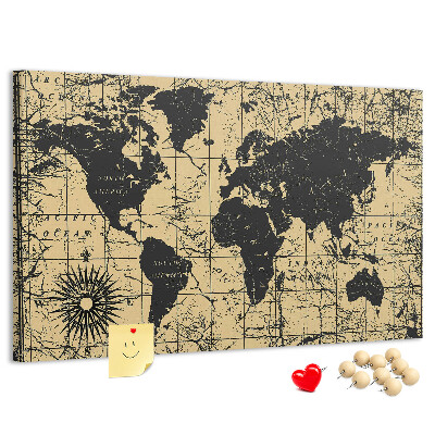 Pizarra de corcho mapamundi del mundo antiguo en colores negro y oro
