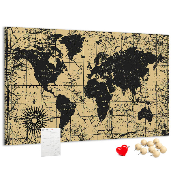 Pizarra de corcho mapamundi del mundo antiguo en colores negro y oro