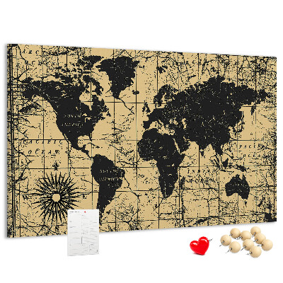 Pizarra de corcho mapamundi del mundo antiguo en colores negro y oro