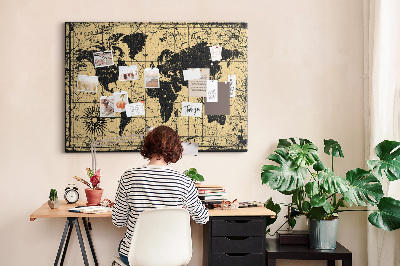 Pizarra de corcho mapamundi del mundo antiguo en colores negro y oro
