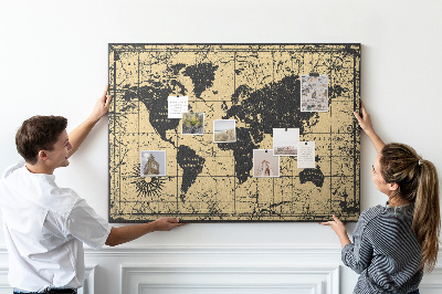 Pizarra de corcho mapamundi del mundo antiguo en colores negro y oro