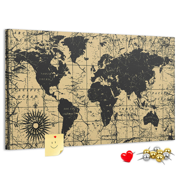 Pizarra de corcho mapamundi del mundo antiguo en colores negro y oro