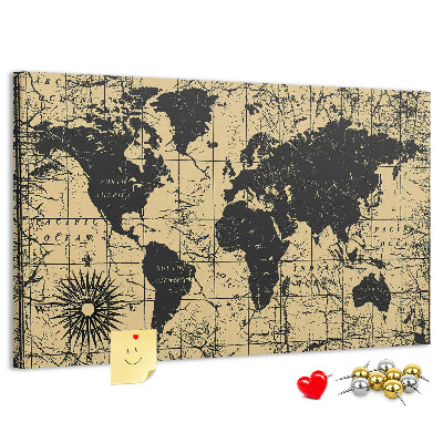 Pizarra de corcho mapamundi del mundo antiguo en colores negro y oro