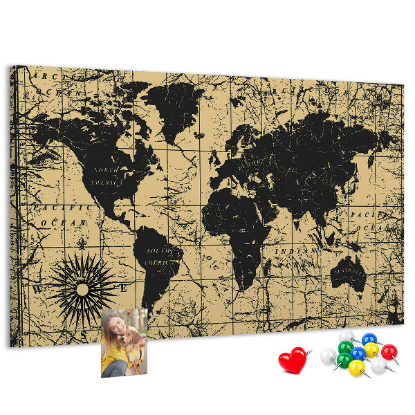 Pizarra de corcho mapamundi del mundo antiguo en colores negro y oro