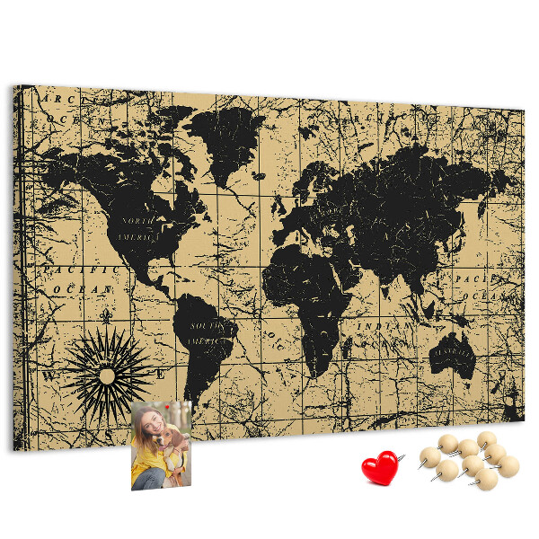 Pizarra de corcho mapamundi del mundo antiguo en colores negro y oro