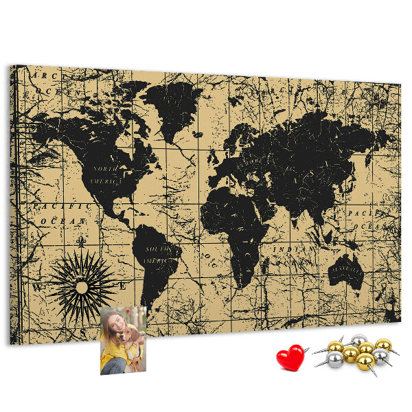 Pizarra de corcho mapamundi del mundo antiguo en colores negro y oro