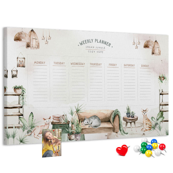 Tablero de corcho decorado planificador semanal de estilo hogareño