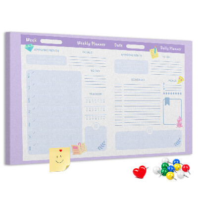 Tablero de corcho decorado Agenda semanal con detalles coloridos.