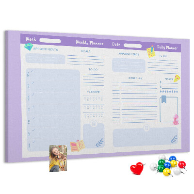 Tablero de corcho decorado con diseño de agenda semanal y detalles coloridos