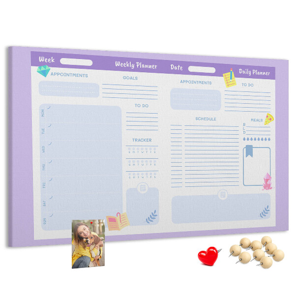 Tablero de corcho decorado con diseño de agenda semanal y detalles coloridos
