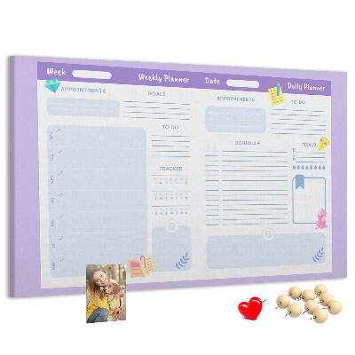 Tablero de corcho decorado con diseño de agenda semanal y detalles coloridos