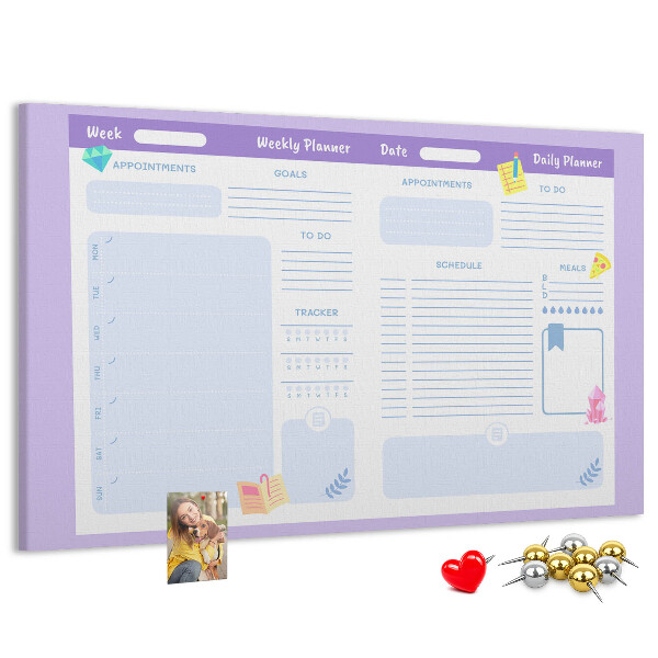Tablero de corcho decorado con diseño de agenda semanal y detalles coloridos