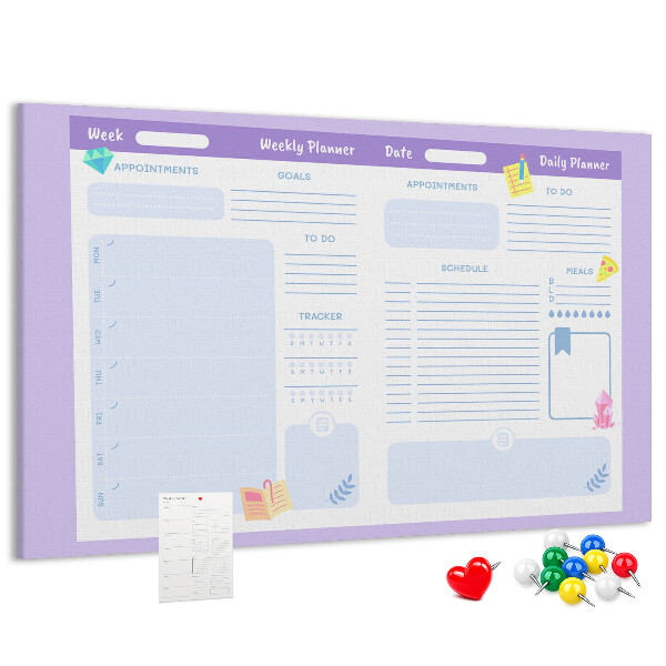 Tablero de corcho decorado con diseño de agenda semanal y detalles coloridos