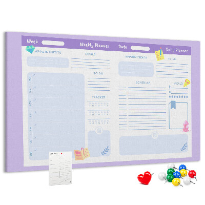 Tablero de corcho decorado con diseño de agenda semanal y detalles coloridos