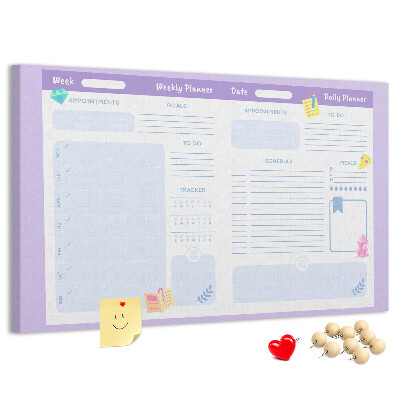 Tablero de corcho decorado con diseño de agenda semanal y detalles coloridos