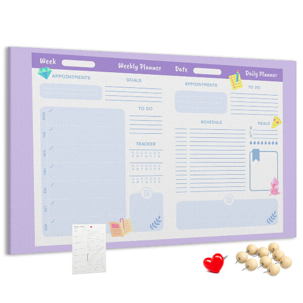 Tablero de corcho decorado con diseño de agenda semanal y detalles coloridos