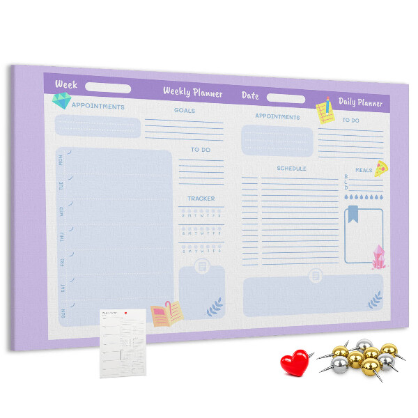 Tablero de corcho decorado con diseño de agenda semanal y detalles coloridos