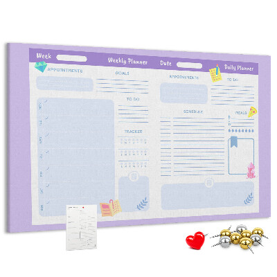 Tablero de corcho decorado con diseño de agenda semanal y detalles coloridos