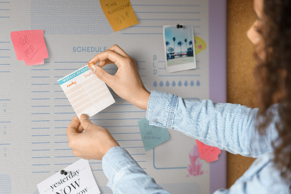 Tablero de corcho decorado con diseño de agenda semanal y detalles coloridos