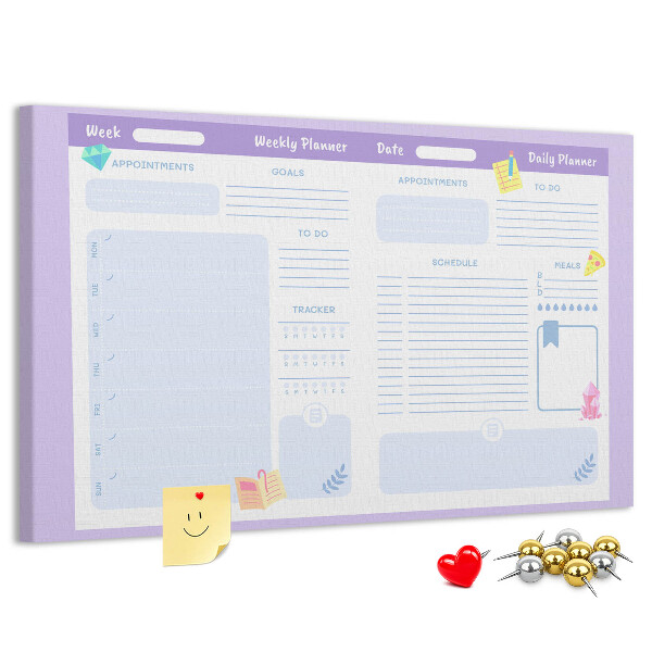 Tablero de corcho decorado con diseño de agenda semanal y detalles coloridos
