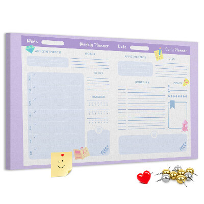 Tablero de corcho decorado con diseño de agenda semanal y detalles coloridos