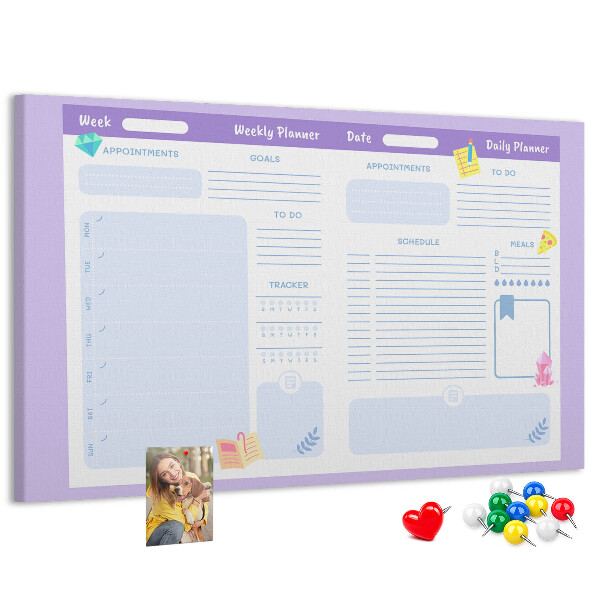 Tablero de corcho decorado con diseño de agenda semanal y detalles coloridos