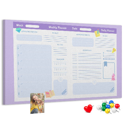 Tablero de corcho decorado con diseño de agenda semanal y detalles coloridos