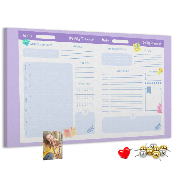 Tablero de corcho decorado con diseño de agenda semanal y detalles coloridos