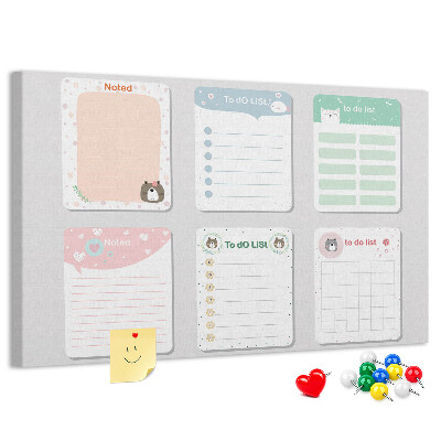 Pizarra de corcho con diseño de cuadernos coloridos con motivos de animales