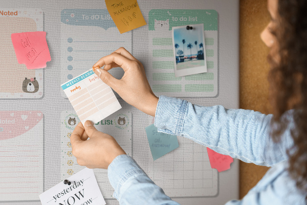Pizarra de corcho con diseño de cuadernos coloridos con motivos de animales