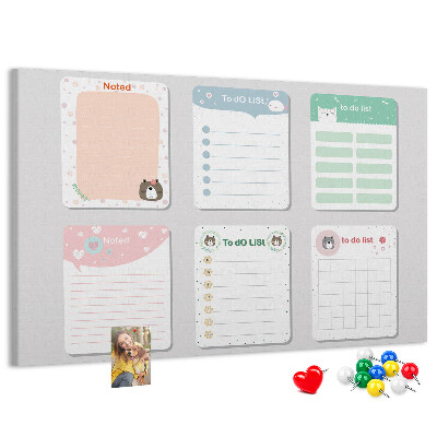 Pizarra de corcho con diseño de cuadernos coloridos con motivos de animales