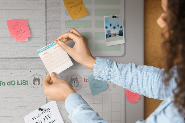 Pizarra de corcho con diseño de cuadernos coloridos con motivos de animales