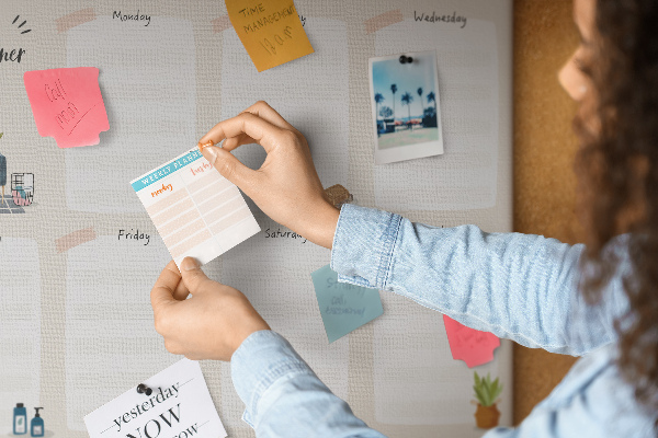 Tablero de corcho decorado agenda semanal con diseño minimalista