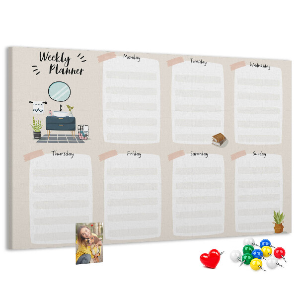 Tablero de corcho decorado agenda semanal con diseño minimalista