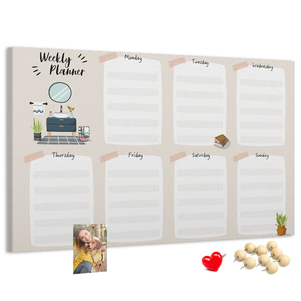 Tablero de corcho decorado agenda semanal con diseño minimalista