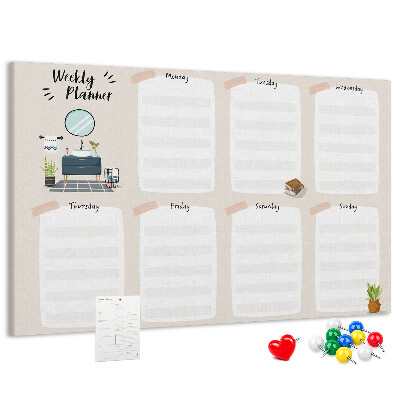 Tablero de corcho decorado agenda semanal con diseño minimalista