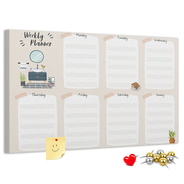 Tablero de corcho decorado agenda semanal con diseño minimalista